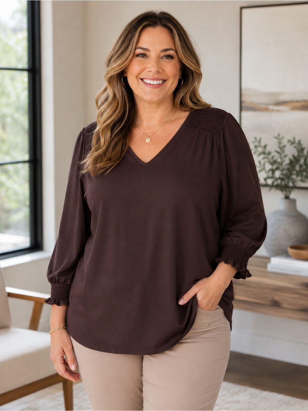 Adrianna Papell 1X Brown V Neck Smocked Balloon Sleeve Stretch Top 3/4 Sleeves